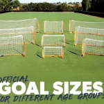 What are the official goal sizes for ages in Soccer, Futsal, Tennis, Hockey, Volleyball and more